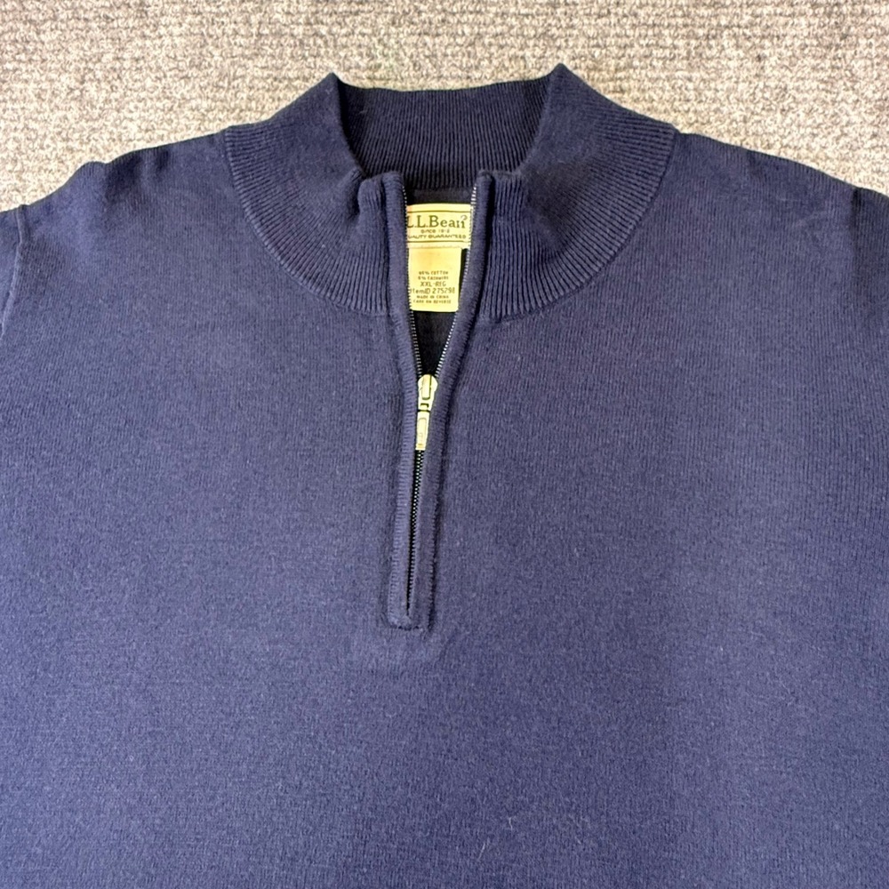 LLBean Mens Quarter Zip Sweater Navy Blue 95 Cotton 5 Cashmere‎ XXL REG  sporty - Picture 2 of 16